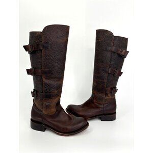 J. B. Dillion Womens Embossed Leather Buckle Western Cowgirl Boot Brown 7 B